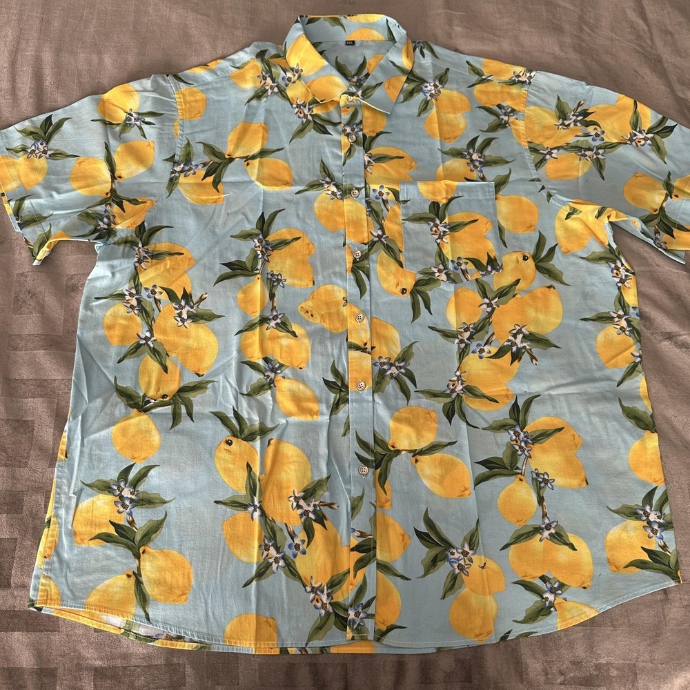 Shirt Mens 2XL Blue Lemon Print Hawaiian Button Up Short Sleeve Tropical